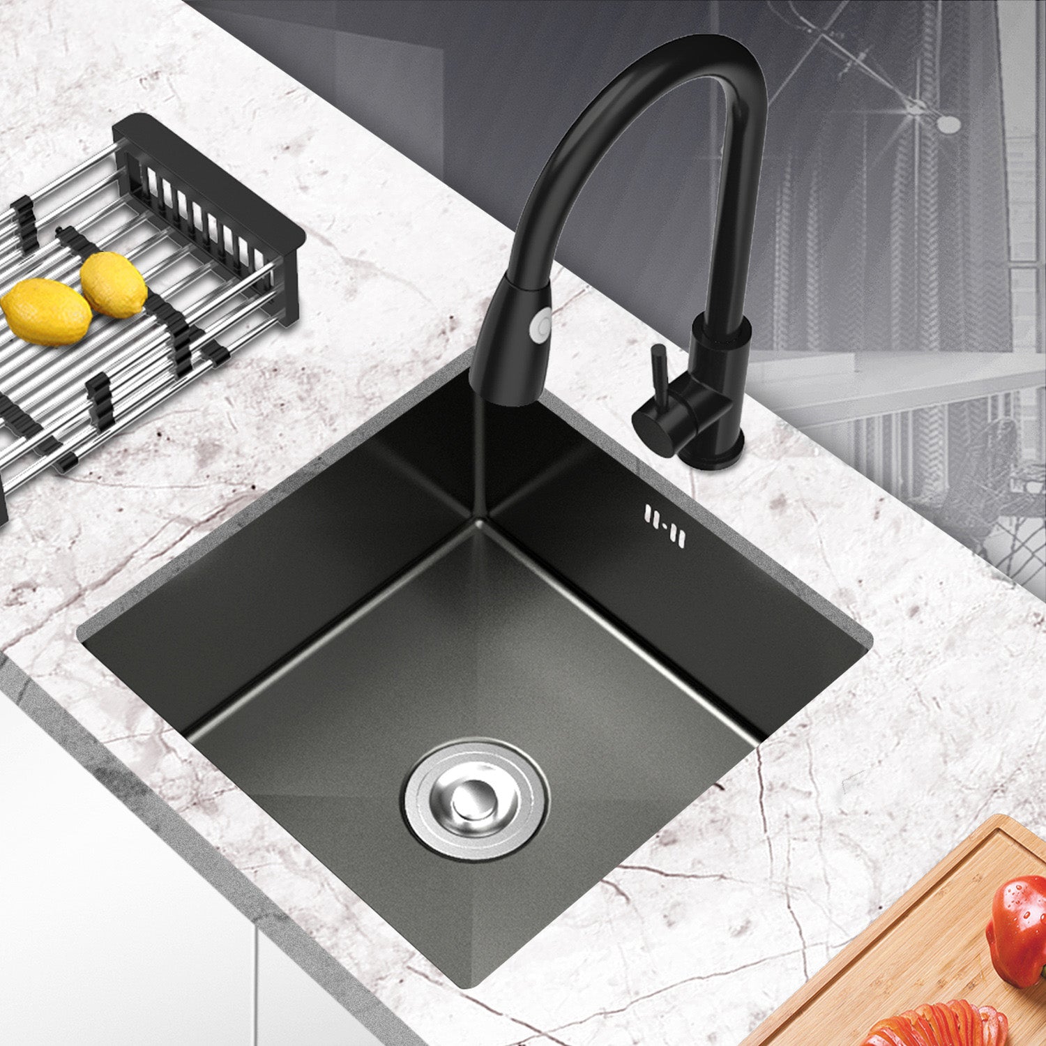 Bowl Round Sink 201 Stainless Steel Undermount PVD Nanotechnology Kitchen Sink (包龍頭)方形水槽 201不鏽鋼水槽 納米塗層 黑色 防污潔淨 大單槽 鋅盤 櫥櫃專用 廚房五金OC-3