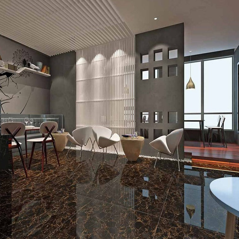 中國佛山磁磚 China Foshan Marble Tiles Glossy 大理石磁磚 連紋磁磚 地磚 牆磚 釉面磚 亮光面 深啡網6B6046 60×60cm