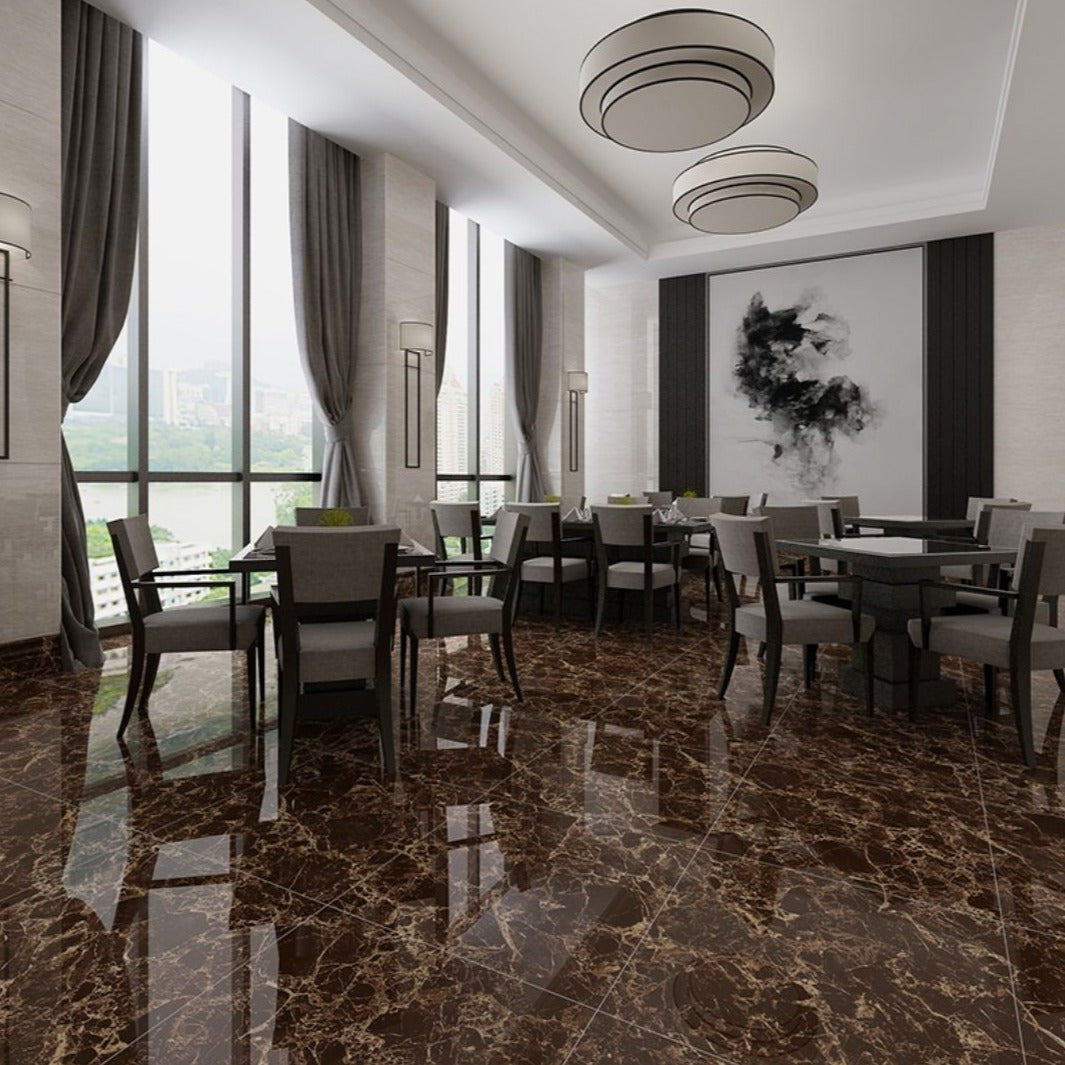 中國佛山磁磚 China Foshan Marble Tiles Glossy 大理石磁磚 連紋磁磚 地磚 牆磚 釉面磚 亮光面 深啡鑽6B6031 60×60cm