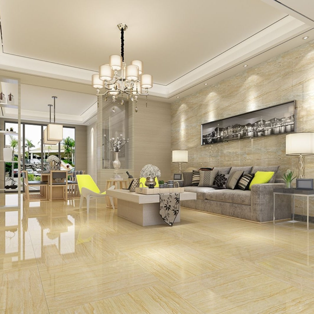 中國佛山磁磚 China Foshan Marble Tiles Glossy 大理石磁磚 連紋磁磚 地磚 牆磚 釉面磚 亮光面 米蘭洞石6B6035 60×60cm