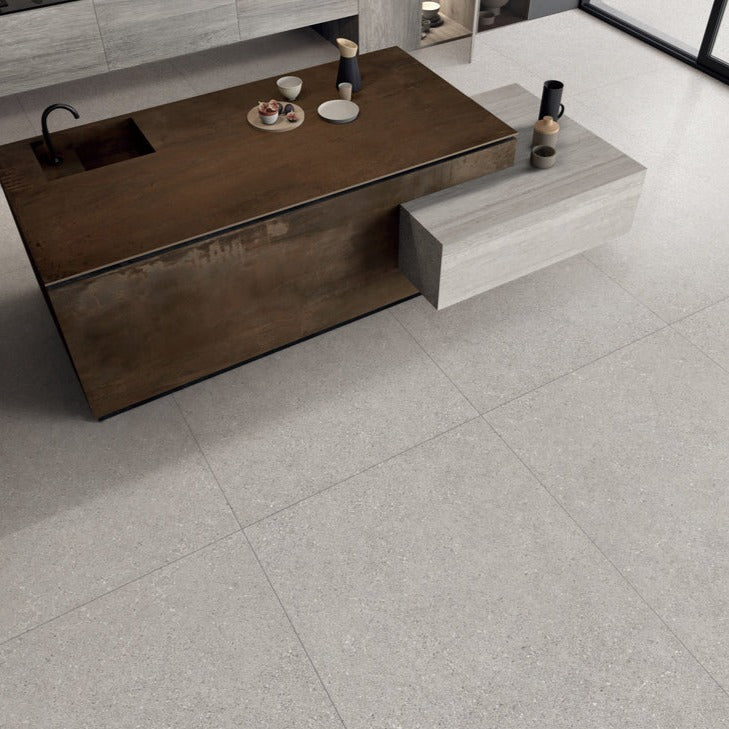 意大利設計磁磚 Italian Design Tiles 水磨石 淺灰 FS7515077GY 75×150cm 地磚 牆磚 柔光磚 Dry grain and throw 半拋幹粒工藝 Dumb and soft face 啞柔面