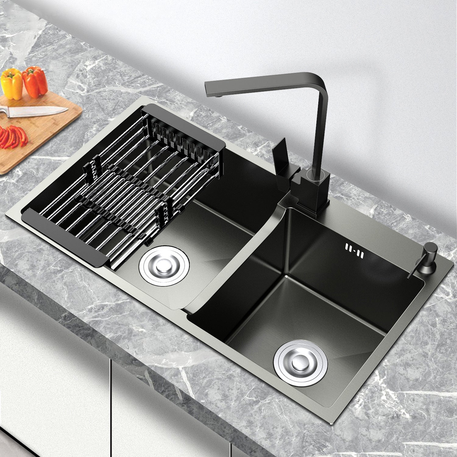 Bowl Round Sink 201 Stainless Steel Undermount PVD Nanotechnology Kitchen Sink (包龍頭)方形水槽 201不鏽鋼水槽 納米塗層 黑色 防污潔淨 雙槽 鋅盤 櫥櫃專用 廚房五金 OC-7