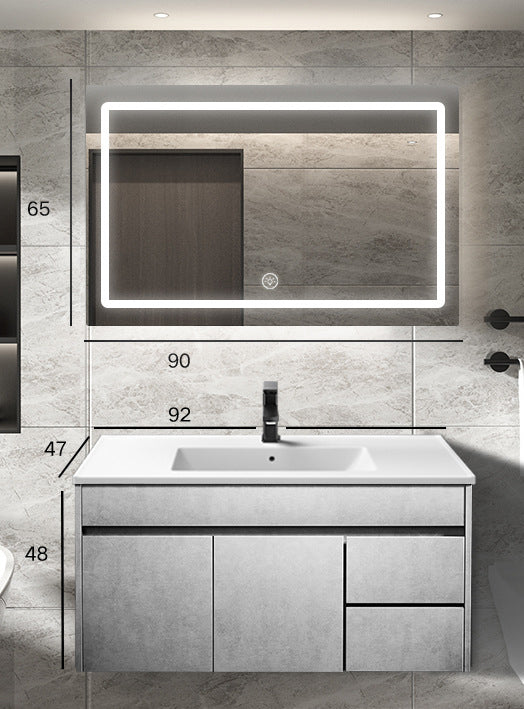 Wall Type Bathroom Cabinet Mirror With Light Ceramic Single Sink Bathroom Cabinet Set 浴室櫃 智能鏡带灯光 陶瓷洗手盆 黑色水龍頭 實木夾板櫃體