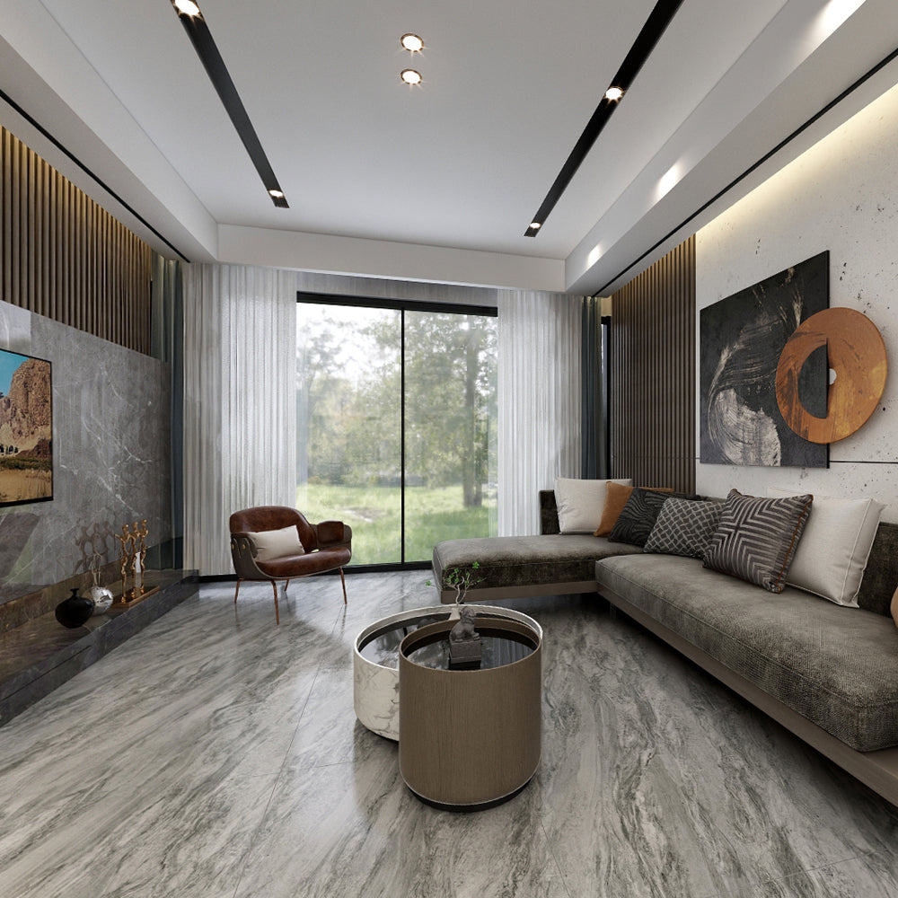 中國佛山瓷磚 China Foshan Marble Tiles Glossy 大理石瓷磚 連紋瓷磚 地磚 墻磚 釉面磚 亮光面 世爵灰GT8867X 80×80cm