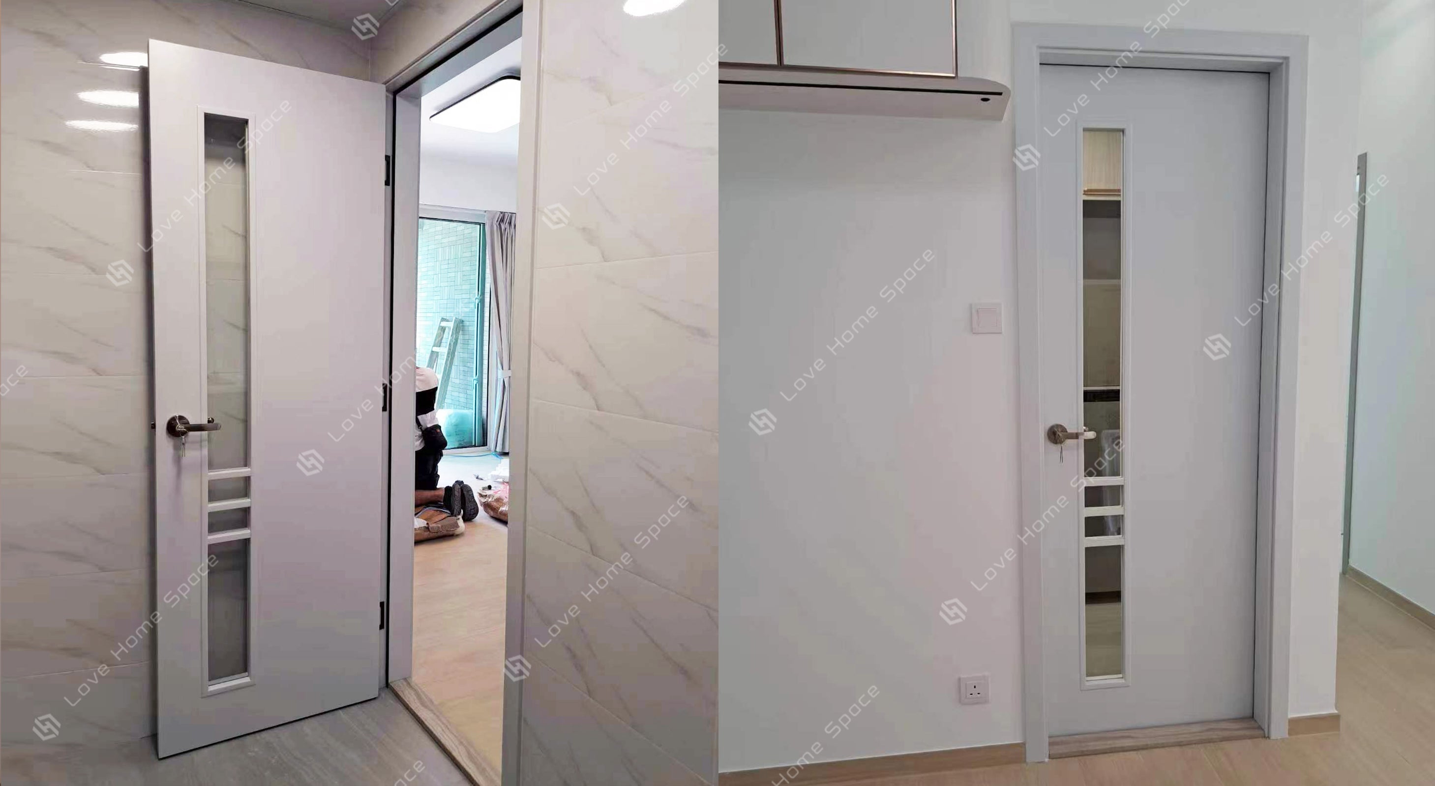 Solid Wood Doors With Glass Modern Style Morandi Colors 原木實木門 實木玻璃門 泰國橡膠木材質 現代風格木門 莫蘭迪色系 BL-805 波音灰+白色透明玻璃