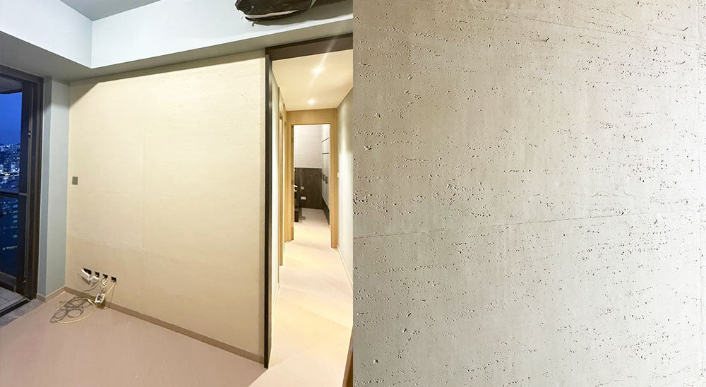 Flexible Stone 軟瓷 Veneer Sheet Interior and Exterior 柔性石材 真石質感 防水防潮 室內戶外可用 洞石（黃色窯變色052053） 客户實例