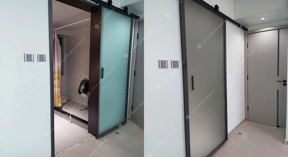 Modern Minimalist Barn Door Aluminium Framed Glass Door 現代極簡門 極窄邊框 穀倉門 鋁質門 玻璃門 月光灰+油砂玻璃