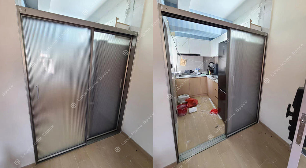 Modern Minimalist Hanging Door Sliding Door Aluminium Framed Glass Door 現代極簡門 （雙門款） 鋁質門 極窄邊框 吊趟門 玻璃門 陶瓷灰+長虹油砂玻璃