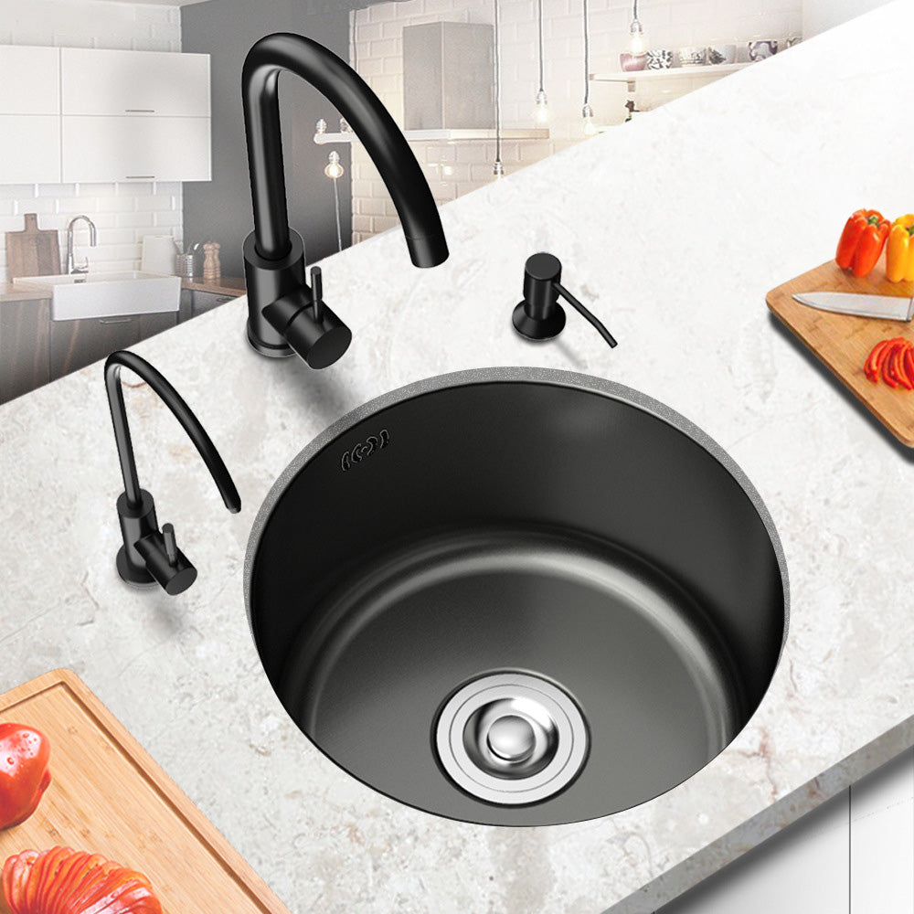 Bowl Round sink 304 Stainless Steel Undermount PVD Kitchen Sink  （包龍頭）圓形水槽 304不鏽鋼水槽 金屬拉絲工藝 黑色 防污潔淨 單槽 鋅盤 櫥櫃專用 廚房五金 OC-2