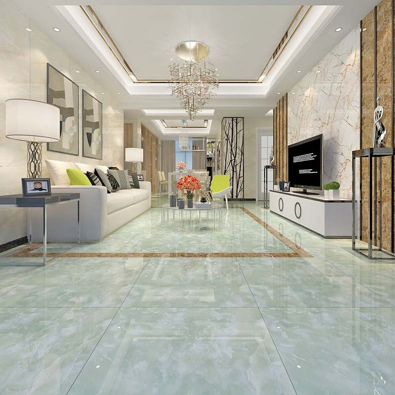 中國佛山磁磚 China Foshan Marble Tiles Glossy 大理石磁磚 連紋磁磚 地磚 牆磚 釉面磚 亮光面 綠如意6B6060 60×60cm