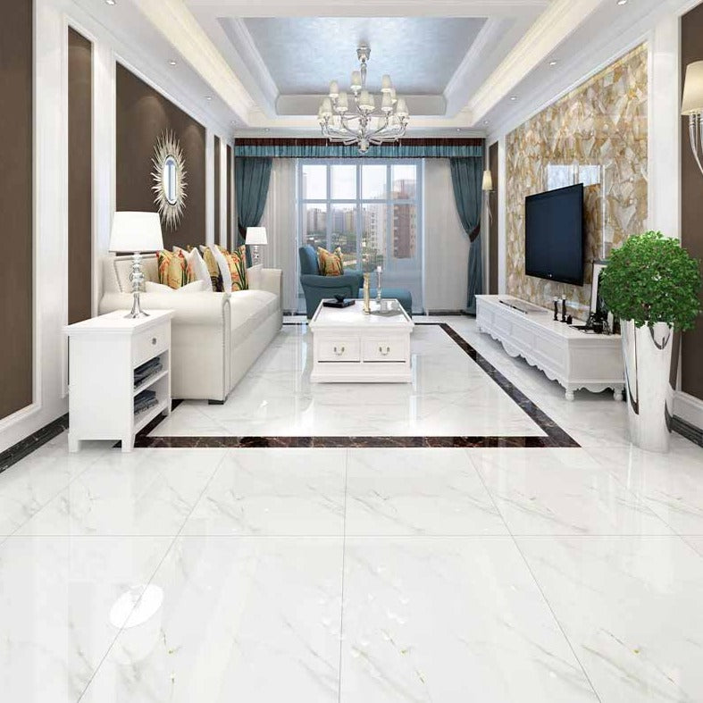 中國佛山磁磚 China Foshan Marble Tiles Glossy 大理石磁磚 連紋磁磚 地磚 牆磚 釉面磚 亮光面 天山白6B6095 60×60cm