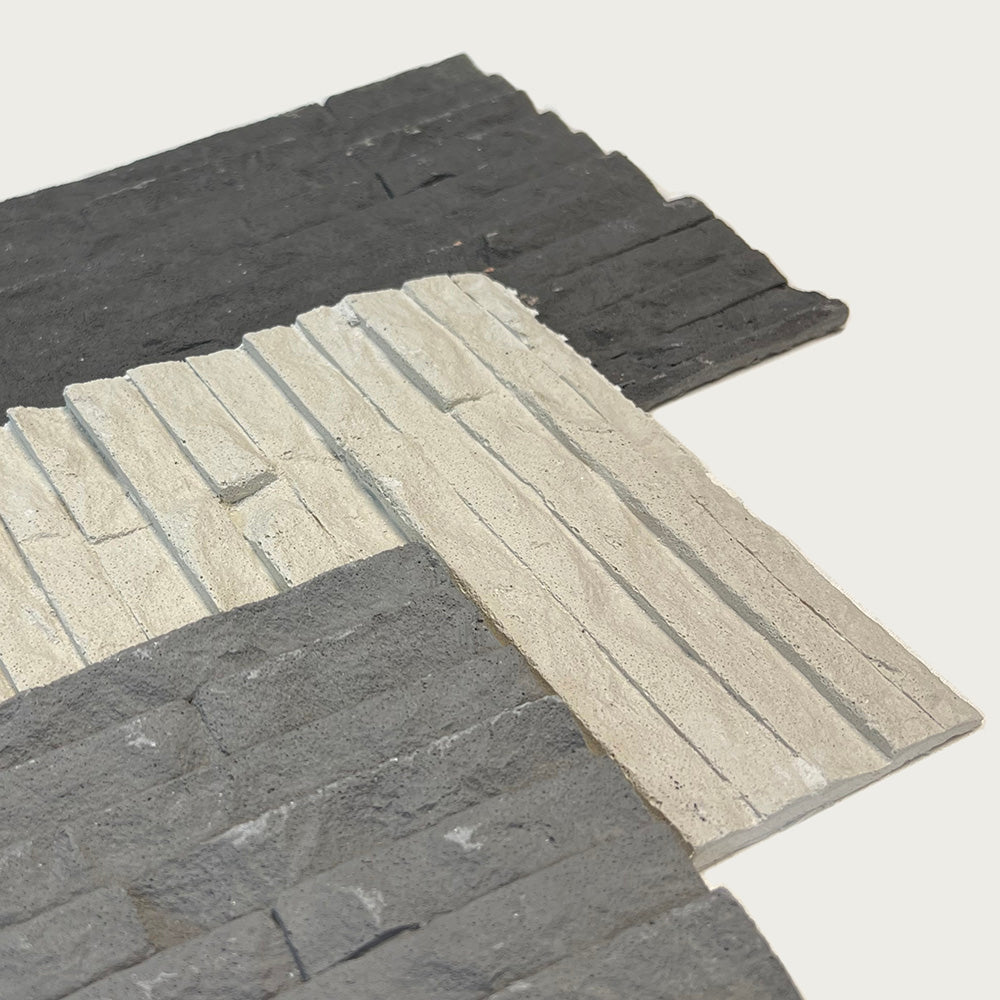 Flexible Stone 軟瓷 Veneer Sheet Interior and Exterior 柔性石材 真石質感 防水防潮 室內戶外可用 歲月流水石60x30cm米白色052淺灰色031深灰色043