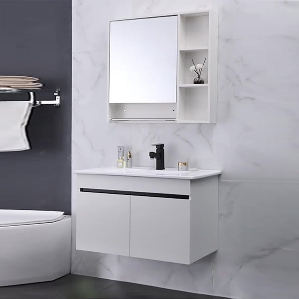 白色浴室櫃 半封鏡櫃 陶瓷洗手盆 黑色抽拉水龍頭 實木夾板櫃體