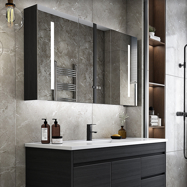 Wall Type Bath Mirror Cabinet With Light Ceramic Single Sink Bathroom Cabinet Set 浴室櫃 智能鏡櫃 陶瓷洗手盆 黑色水龍頭 實木夾板櫃體