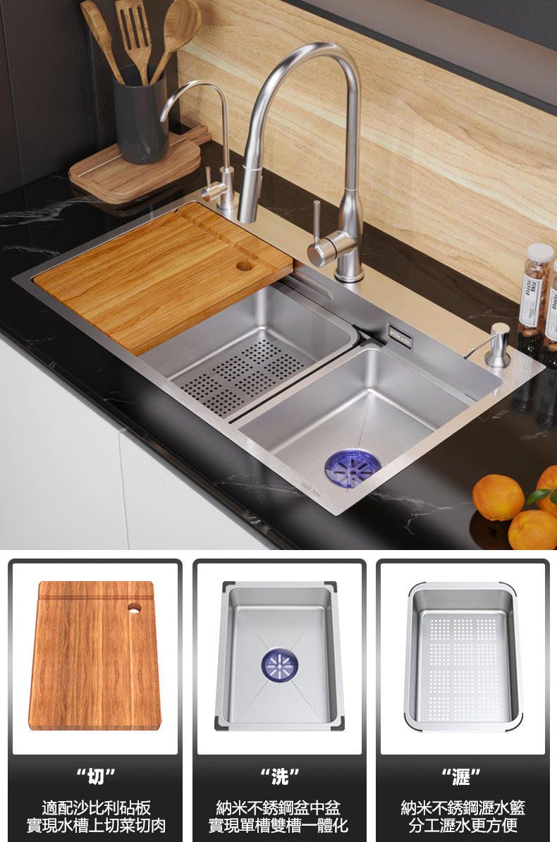 Bowl Round Sink 304 Stainless Steel Undermount PVD Nanotechnology Kitchen Sink  （包龍頭）方形水槽 304不鏽鋼水槽 納米塗層 壓紋防刮科技 銀色 防污潔淨 雙階大單槽 鋅盤 櫥櫃專用 廚房五金OC-6