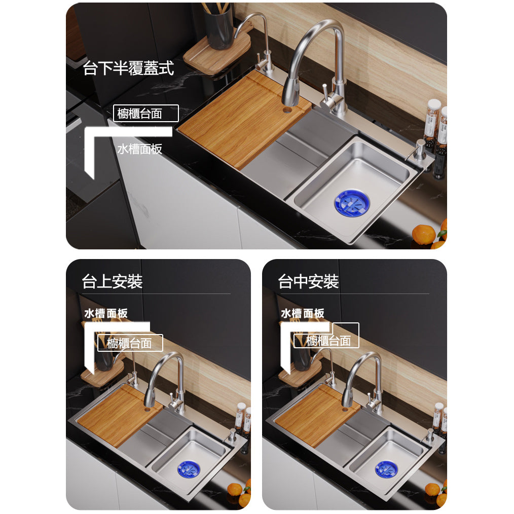 Bowl Round Sink 304 Stainless Steel Undermount PVD Nanotechnology Kitchen Sink  （包龍頭）方形水槽 304不鏽鋼水槽 納米塗層 壓紋防刮科技 銀色 防污潔淨 雙階大單槽 鋅盤 櫥櫃專用 廚房五金OC-6