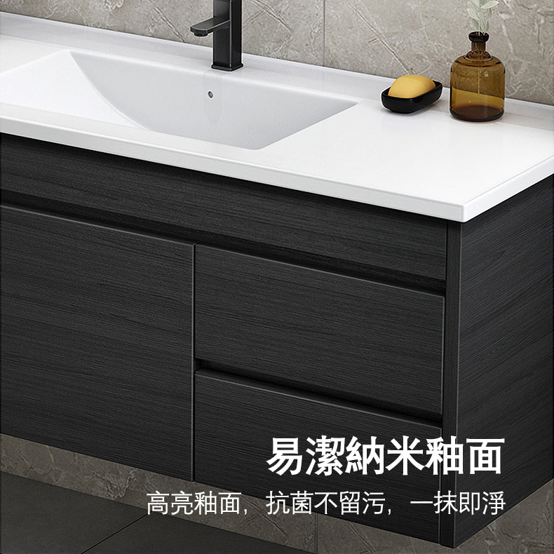 Wall Type Bath Mirror Cabinet With Light Ceramic Single Sink Bathroom Cabinet Set 浴室櫃 智能鏡櫃 陶瓷洗手盆 黑色水龍頭 實木夾板櫃體