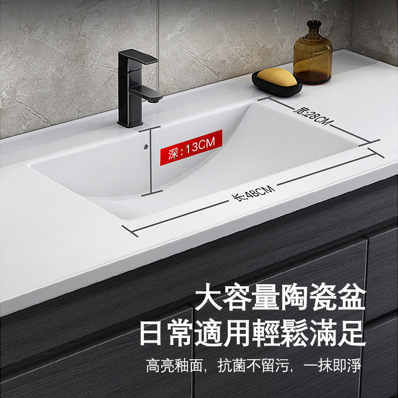 Wall Type Bath Mirror Cabinet With Light Ceramic Single Sink Bathroom Cabinet Set 浴室櫃 智能鏡櫃 陶瓷洗手盆 黑色水龍頭 實木夾板櫃體