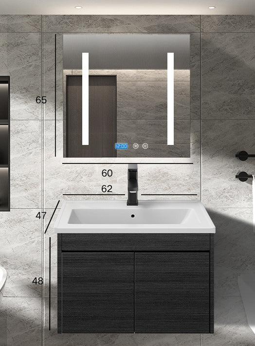 Wall Type Bath Mirror Cabinet With Light Ceramic Single Sink Bathroom Cabinet Set 浴室櫃 智能鏡櫃 陶瓷洗手盆 黑色水龍頭 實木夾板櫃體