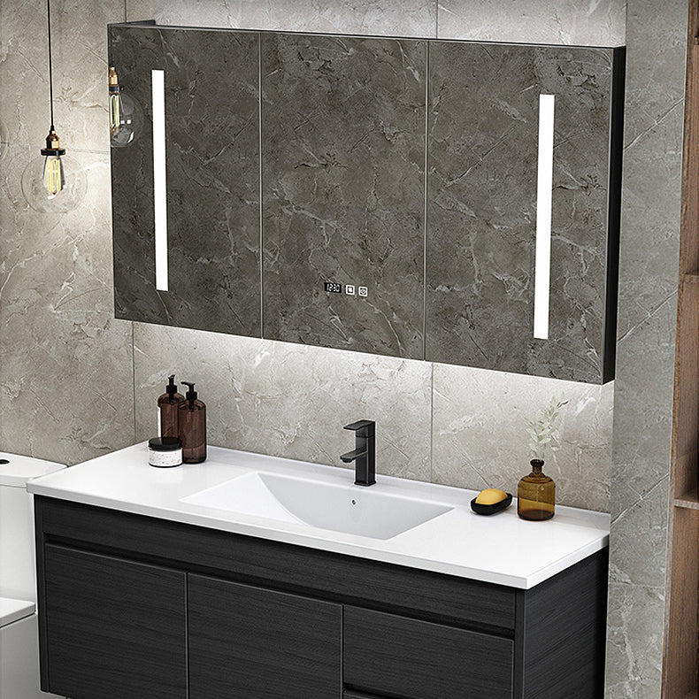 Wall Type Bath Mirror Cabinet With Light Ceramic Single Sink Bathroom Cabinet Set 浴室櫃 智能鏡櫃 陶瓷洗手盆 黑色水龍頭 實木夾板櫃體