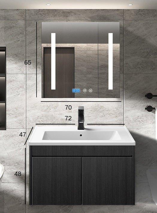 Wall Type Bath Mirror Cabinet With Light Ceramic Single Sink Bathroom Cabinet Set 浴室櫃 智能鏡櫃 陶瓷洗手盆 黑色水龍頭 實木夾板櫃體