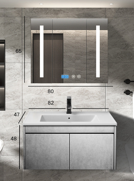 Wall Type Bath Mirror Cabinet With Light Ceramic Single Sink Bathroom Cabinet Set 浴室櫃 智能鏡櫃 陶瓷洗手盆 黑色水龍頭 實木夾板櫃體