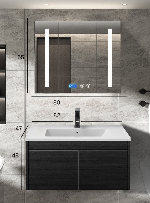 Wall Type Bath Mirror Cabinet With Light Ceramic Single Sink Bathroom Cabinet Set 浴室櫃 智能鏡櫃 陶瓷洗手盆 黑色水龍頭 實木夾板櫃體