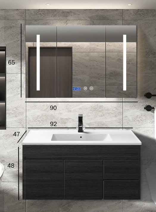 Wall Type Bath Mirror Cabinet With Light Ceramic Single Sink Bathroom Cabinet Set 浴室櫃 智能鏡櫃 陶瓷洗手盆 黑色水龍頭 實木夾板櫃體