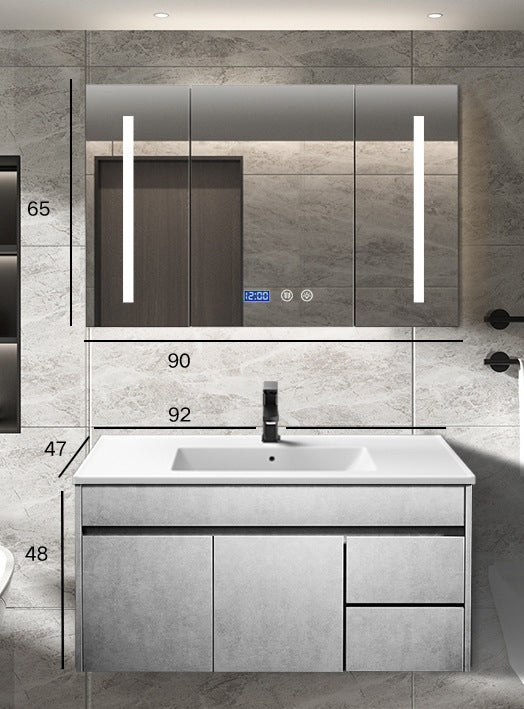 Wall Type Bath Mirror Cabinet With Light Ceramic Single Sink Bathroom Cabinet Set 浴室櫃 智能鏡櫃 陶瓷洗手盆 黑色水龍頭 實木夾板櫃體