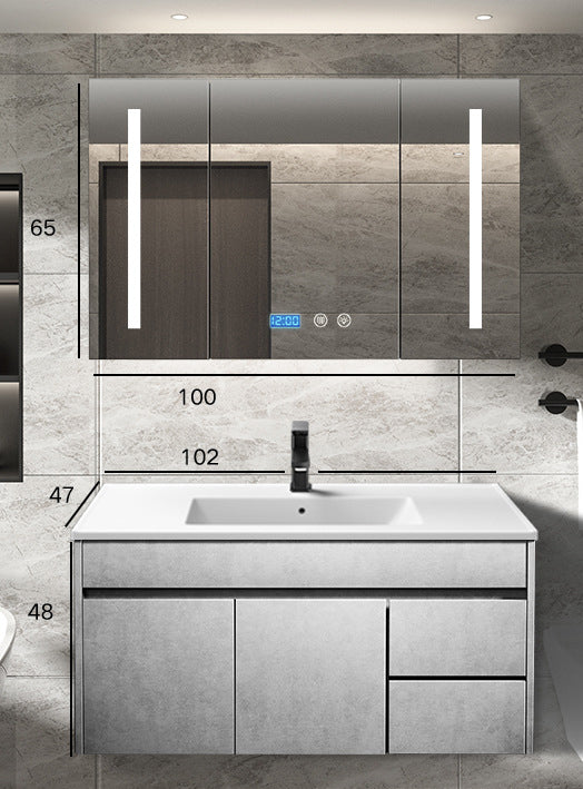 Wall Type Bath Mirror Cabinet With Light Ceramic Single Sink Bathroom Cabinet Set 浴室櫃 智能鏡櫃 陶瓷洗手盆 黑色水龍頭 實木夾板櫃體