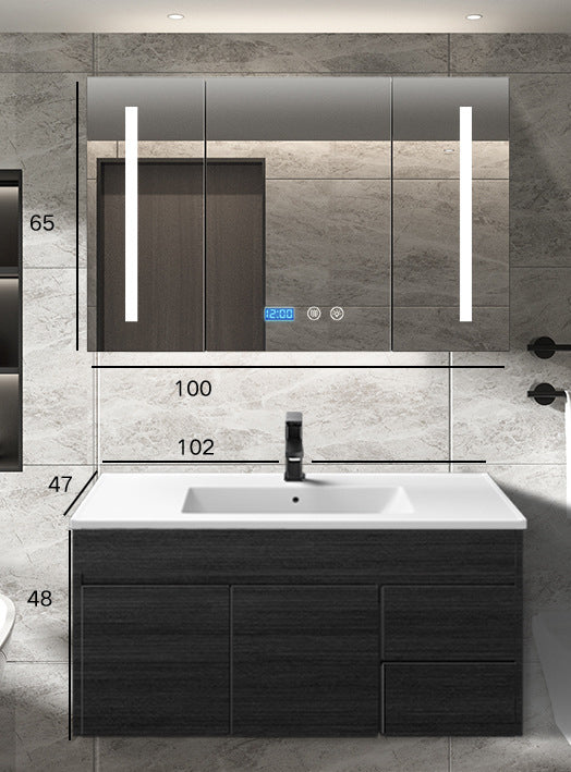 Wall Type Bath Mirror Cabinet With Light Ceramic Single Sink Bathroom Cabinet Set 浴室櫃 智能鏡櫃 陶瓷洗手盆 黑色水龍頭 實木夾板櫃體