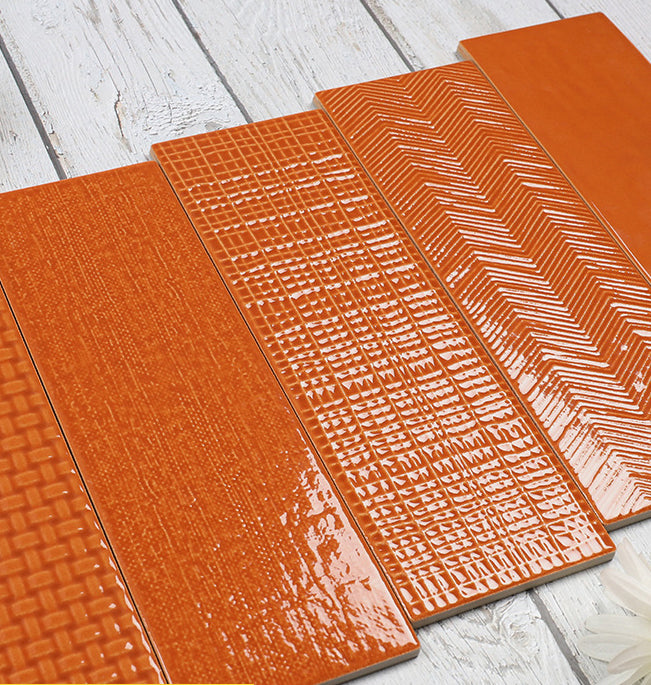 中國佛山瓷磚 China Foshan Basics 復古質感多彩造型亮光墻磚C130-8鮮橙模具造型10×30cm